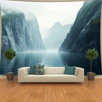 Fjord Tapestry Polyester Large Wall Hanging Misty Cliffs Calm Water Nature Art Decor Bedroom Living Room Office 100X70CM