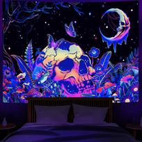 Blacklight Skull Tapestry Polyester Wall Hanging Trippy Psychedelic Moon Tapestry for Bedroom Room Decoration 100X70CM