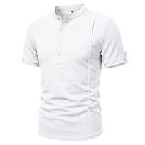 Men Casual Vintage Heavyweight Short Sleeve Solid Stand Collar Henley T Shirt S balta