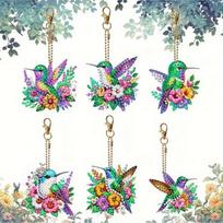 6Pcs Colorful Bird Double-Sided Rhinestone Acrylic Diamond Painting Set DIY Keychain 7*7