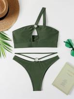 Seksualus iškirpimas vienu petumi Bikinis Moteriškas maudymosi kostiumėlis Moteriški maudymosi drabužiai Dviejų dalių bikinio komplektas Paminkštintas Maudymosi kostiumėlis Maudymosi kostiumėlis Maudymosi ponia S žalia