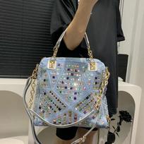 Women's Jeans Woven Tote Bag Large Capacity Diamond Shoulder Bag Fashion gray