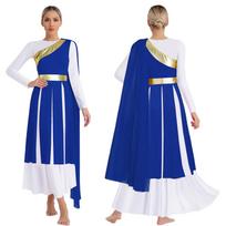 S-XXL Ladies Dance Costume One Shoulder Sleeveless Metallic Patchwork Tunic Dress with Drape and Slit Hem for Praise Worship S geltona