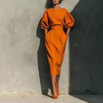 Elegantiška moteriška suknelė su laiveliu iškirpte ir pūstomis rankovėmis bei aukštu juosmeniu ir klostuotu sijonu - Retro stiliaus pavasario ir rudens L oranžinė