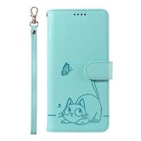 Odinis piniginės tipo dėklas Honor 600 500 400 300 200 100 90 70 50 20 20S Smart Lite Pro 5G, su katės ir drugelio įspaudu, su riešo dirželiu Honor 600 Lite žalia
