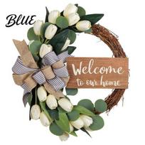 Country Style Welcome Sign 15 Inches Artificial Tulips Bowknot Wreath with for Front Door Green Fresh Floral Door Garland Leaf Wreath Spring Summer