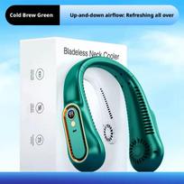 3-Color Optional Ice-Cooling Neck Fan Digital Display USB Rechargeable Bladeless Hanging Neck Fan for Summer Outdoor Use žalia