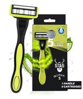 Mr. Stag Alpha5 Germany Steel Blade Shaving Razor for Men | 5 Blades + 1 Precision Rear Trimmer | 1 Handle & 3 Cartridges | Aloe & Vitamin E Lubric