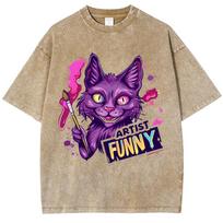 Vasariniai marškinėliai Oversized moteriškas viršus su animacinio katino paveikslėliu, apvalia kaklo iškirpte, skalbiami, unisex, trumparankoviai, laisvalaikio, patogūs S įvairiaspalvis