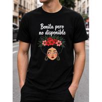 Men's Black Short Sleeve T-Shirt With Bonita Pero No Disponible Spanish Quote And Floral Woman Graphic For Casual Streetwear S juoda
