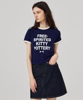 Kitty Pottery Ringer Crop Short Sleeve T-Shirt Navy Ivory/Free_One Size
