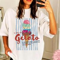 Ice Cream A 'Le Dolce Vita Gelato' Print Shirt Casual Women's Graphic Tops Tees Vintage Tee Short Sleeve T-Shirt Female Clothes S balta