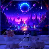 Galaxy Space Landscape UV Reactive Tapestry Trippy Planet Mountain River Neon Art Wall Tapestries for Bedroom Dorm Party Decor 100X70CM