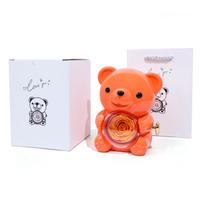 Unique Vibrant Orange Rotating Rose Bear Flower Gift Box Flip for Surprise 360 Degree Rotating Jewelry Box for Anniversary Plastic&Velvet