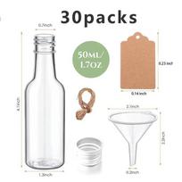 30 vnt. Mini alkoholio buteliukai Plastikiniai spiritinių gėrimų buteliukai su sidabriniais/auksiniais kamšteliais Alkoholio taurelės su piltuvėliais Kraft etiketės Virvutė vakarėliui 50ml 30pack