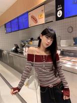 American Spicy Girl Striped Off-Shoulder Long-Sleeve Top - Women's Autumn/Winter Slimming Temperament Extra Large