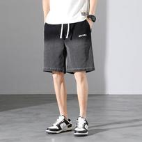 Men's Blue Gradient Denim Shorts, Casual Loose Fit Drawstring Denim Shorts with Label Detail M juoda