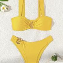 Moterų žiedo bikini komplektas, plati juostelė, aukšto kirpimo dviejų dalių maudymosi kostiumas S geltona