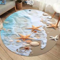 Nordic Coastal Round Rug Soft Carpet Area Rug Bedroom Non-Slip Floor Mat Teal Ocean Wave Design for Living Room Kidsroom 60cmx60cm