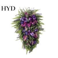 Decorative Hanging Wreath 19.7 Inch Artificial Tulip Teardrop for Front Door Purple Lavender Floral Weatherproof Swag with Green Leaves Wall 1pc
