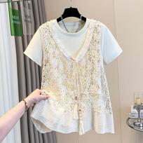 Summer New Style Hollow Lace Crocheted Vest Vest Short-sleeved T-shirt Two-piece Top Women M