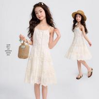 Girls' Lace Embroidered Strappy Summer Dress 140