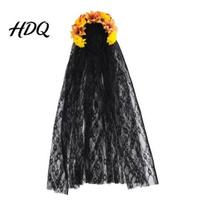Hollow See-through Lace Headband Gothic Style Hair Hoop See-Through with Simulated Flowers And Hoop Black Veil Halloween Day of The Dead Party A