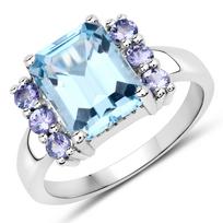 Blue Topaz & Tanzanite Halo Ring 14K White Gold Plated Sterling Silver Ring, Octagon Gemstone Statement Ring 7