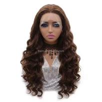 Glueless Synthetic Heat Resistant High Temperature Fiber Lace Front Wigs Bangs Transparent Lace Natural Hairline Wave Body Wave (as the picture,26 Inches)