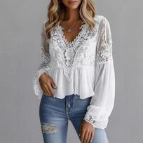 Elegant Lace Splice Hollow Out Fashion Blouse Women V Neck White Shirt Long Sleeve Sweet Casual Loose Tops Ladies Ruffled Pleated Simple Clothing S