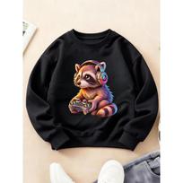 Kids Crewneck Long Sleeve Sweatshirt, Trendy Cute Gaming Raccoon with Headphones Print 110 juoda