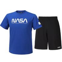 Nasa Unisex Cotton Blend Training T-Shirt + Knee-Length Cotton Shorts Set [Blue + Black] 95