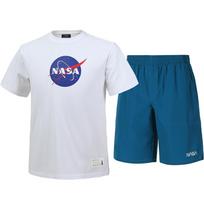 Nasa Unisex Cotton Blend Training Short Sleeve T-Shirt + Woven Knee-Length Shorts Set [White + Green/Blue] 100