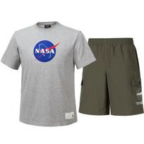 Nasa Unisex Cotton Blend Training T-Shirt + Woven Knee-Length Shorts Set [Light Melange + Dark Khaki] 110