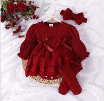 Shellclothing New Arrivals Newborn Sets Floral Lace Long Sleeve Romper Dress Ribbed Tights Bow Headband Snap Button Baby 1-3m&3-6M