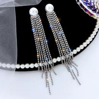 2pcs luxurious and fashionable long pearl tassels full of diamonds women's earrings, banquet and party dress accessories