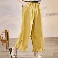 Retro cotton and linen lace casual pants women's 2025 summer new solid color elastic waist nine-point wide-leg pants M
