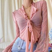 2KWEIRD Long Flare Sleeve Blouses for Women Lace-up Mesh Sexy Sweet Hot Girls Korean Fashion Style All-match Solid Design Elegant Casual One Size