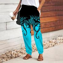 Women Retro Printing Pants Lace Up Elastic Waist Loose  Trousers Casual Long Pants Trousers with Pockets XS