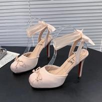 Fashion 2025Balck Stain Lace Up Ballet Shoes Girl Pink Square Toe Bow Tie Stiletto Heel Ankle Strap Slingback Elegant Summer Sexy Pumps 34
