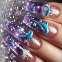 24Pcs Medium Square Press On Nail With Dolphins Pattern Ice Blue Glossys Fakes Nail Comfortable Reusable Nail Art 1