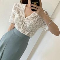 Sheer Embroidery Lace Blouse Cover Up Top Short Sleeve Button Front Cardigan Women Summer Boho Vacation Outfit One Size