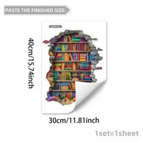 3D Broken Wall Bookcase Wall Stickers, Self-Adhesive Decor for Study Room Door Living Room Bedroom Background Decoration 30x40cm įvairiaspalvis