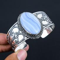 Blue Lace Agate Gemstone Silver Plated Cuff Bracelet  Vintage Filigree Statement Bangle  Bohemian Large Gemstone Jewelry for Women