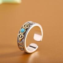 Thai Silver Turquoise Vajra Adjustable Unisex Mantra Ring Open Adjustable