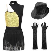 Womens Latin Jazz Dance Outfit Cutout Sleeveless Leotard Shiny Sequins Contrast Color Patchwork Fringed Bodysuit Gloves Hat S auksas