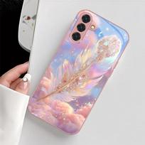 Rožinės plunksnos grūdinto stiklo telefono dėklas, tinkamas Samsung Galaxy S26 S25 S24 S23 S22 S20 FE/Ultra/Plus, atsparus smūgiams galinis dangtelis GalaxyS24FE gray