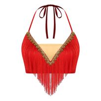 Womens Belly Dance Crop Top Lace-up Halter Tassel Fringed Camisole Dance Sling Top S