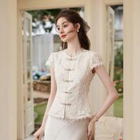Women's Chinese Style Lace Stand Collar Short Sleeve Blouse L