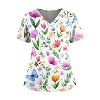 Women's floral print V-neck double pocket short-sleeved uniform/caregiver top with slits at the hem S geltona